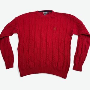 Vintage Chaps Ralph Lauren Sweater Mens Large Red Cable Knit Crest Logo Y2K